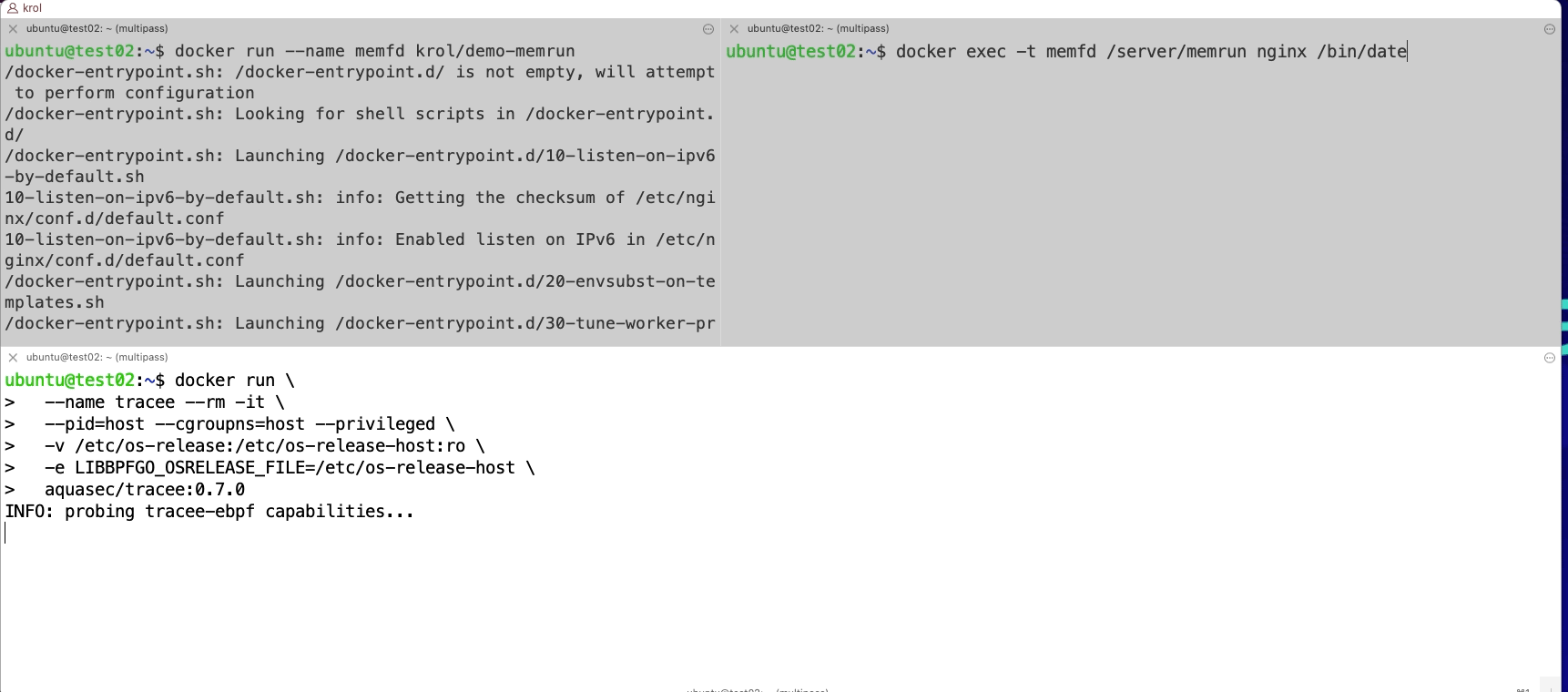 Example of fileless execution using the nginx process to perform code injection