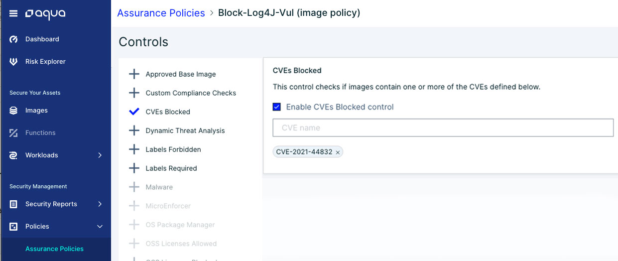 CVE-2021-44832 assurance policy Aqua platform