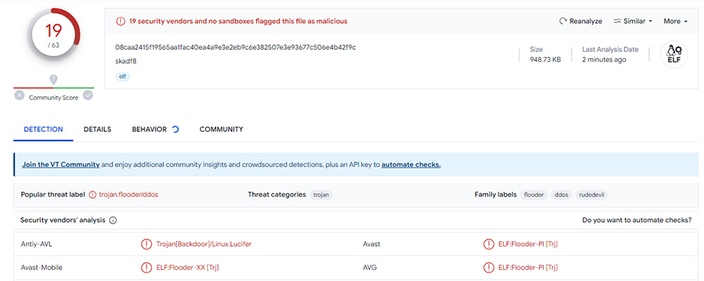 VirusTotal scan of 'skadaf8' binary file