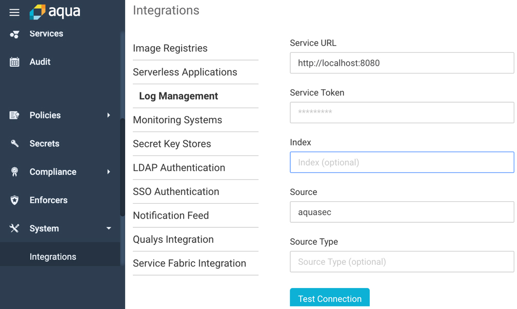 Aqua CSP Splunk integration configuration screen