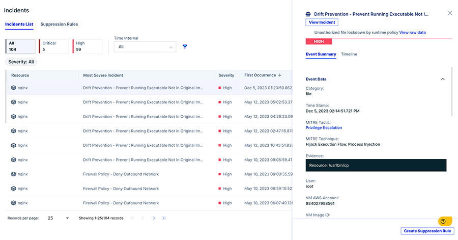 Incident Screen showing all the runtime findings in the environment 