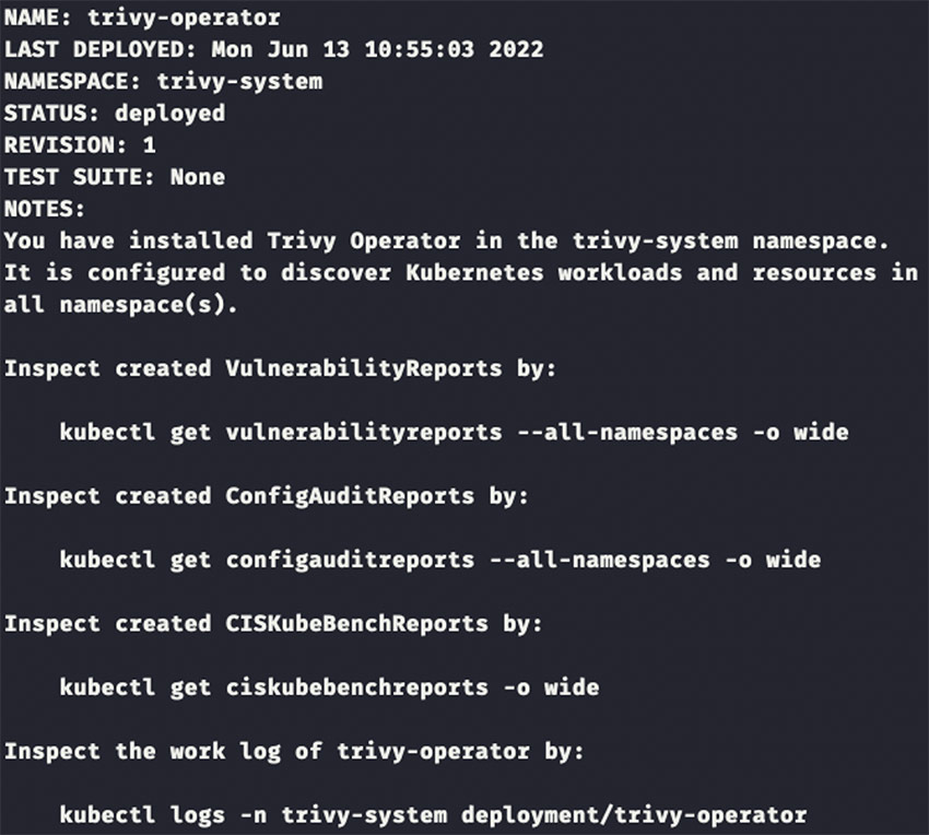 Output after installing the Trivy Operator Helm chart in your Kubernetes cluster