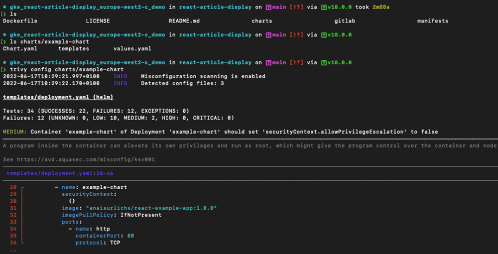 Trivy config command performed on Helm Chart