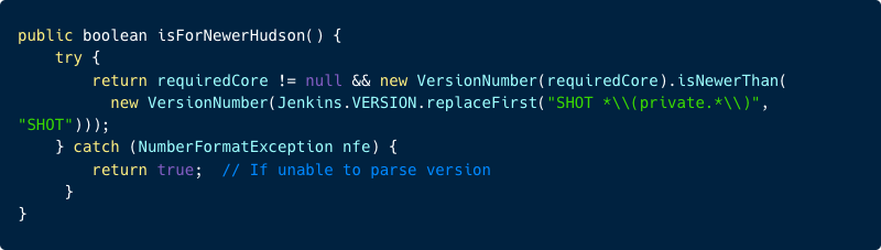Code of the Jenkins Server comparing plugin core version to it's own version